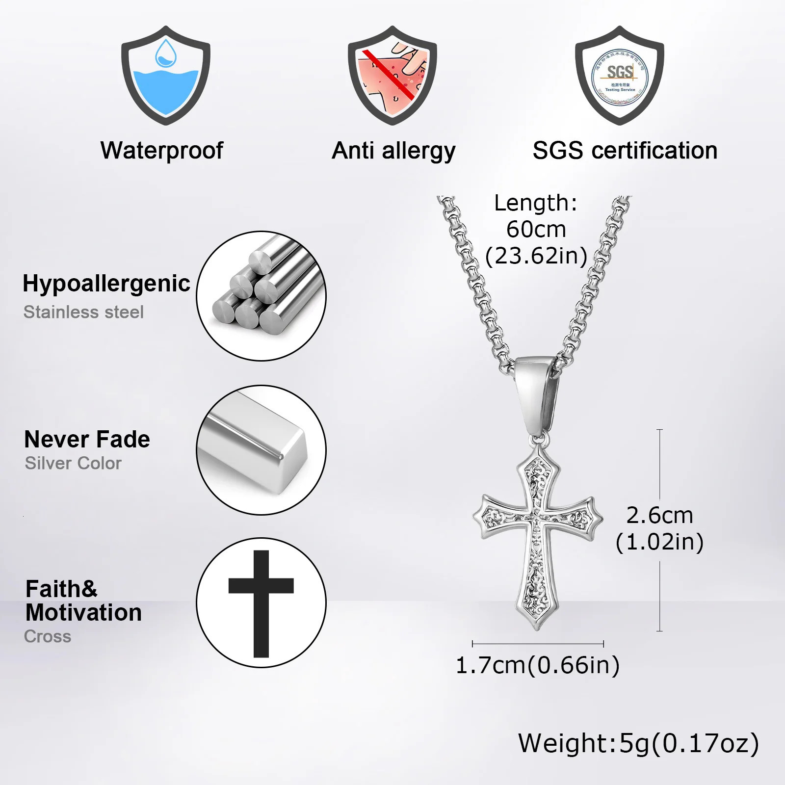 Cross Pendant Necklace for Men Boys50/55/60cm Stainless Steel Collars ChokersChristian Classic Chic Jewelry Gifts 250729