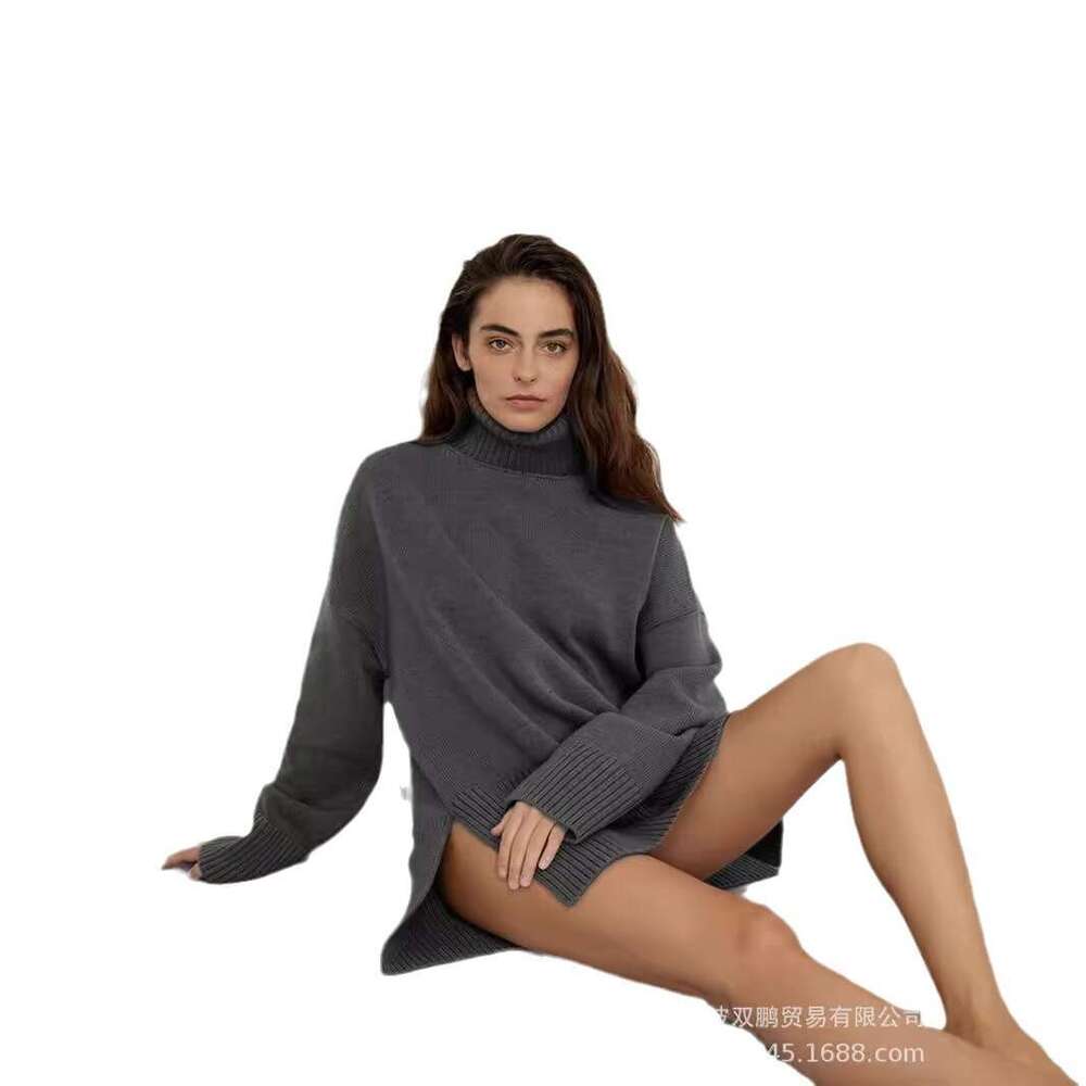New Style Split Knitted Pullover Solid Color High Neck Loose Autumn Winter Women's Sweater B5