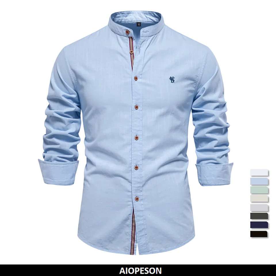 100% Cotton Social Shirt for Men Solid Color Long Sleeve High Quality Spring Stand Casual Mens Shirts 250729