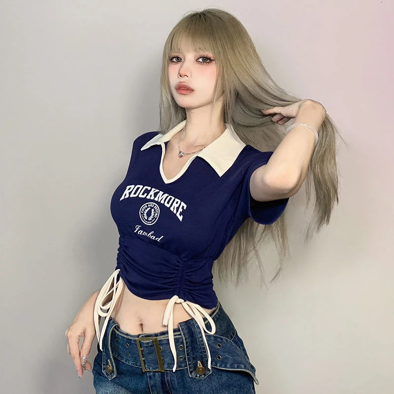 Women Sweet Spicy Style Clothes Lady Drawstring Tie Up Crop Tops Female Turndown Collar Graphic Short Sleeved Tshirts 250724