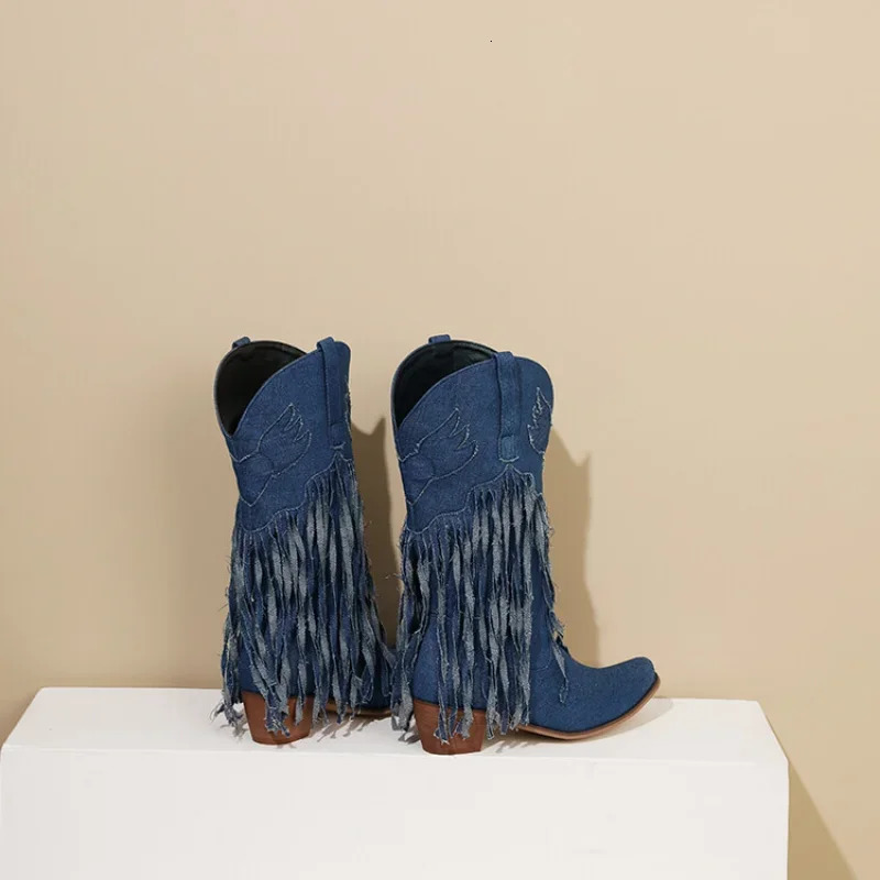 LeShion Of Chanmeb Big Size 45 Women Blue Denim Jean Cowboy Boots Mid-calf Tassel Block Heels Western Boot Cowgirl Fringed Shoes 250729