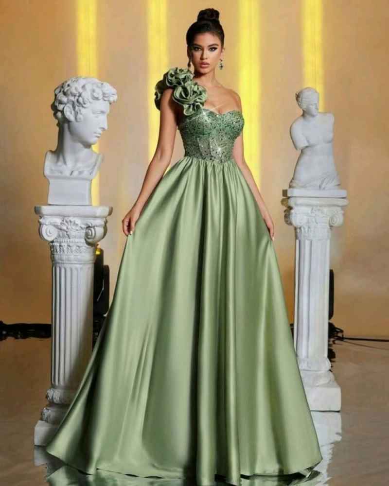 Graceful Green Prom Dresses One Shoulder Sleeveless Lace-Up Court Gown Floor-Length Custom Made Formal Party Dress Vestido De Noite