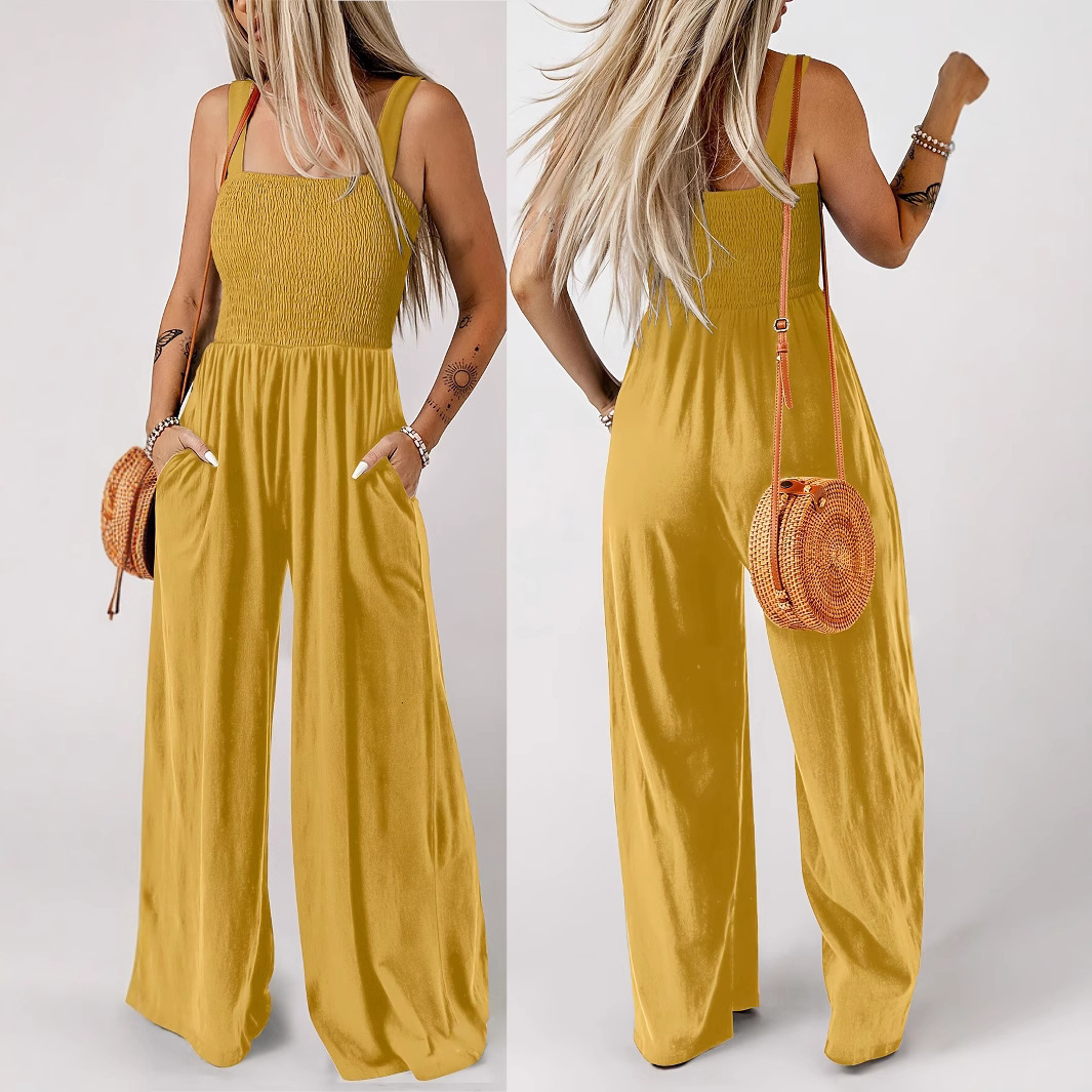 F2179 Womens Autumn Casual Elegant Yellow Strap Loose Wide-Leg Vacation Jumpsuit