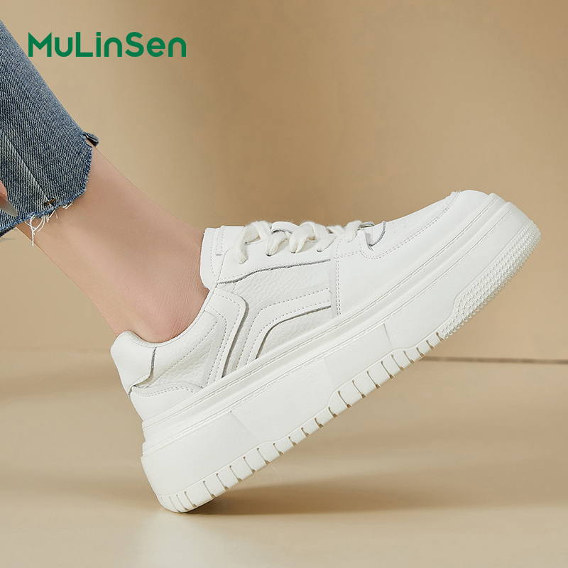 Mulinsen thick-soled white shoes for women 2025 new ins trendy all-match genuine leather platform shoes lightweight bread shoes casual sneakers