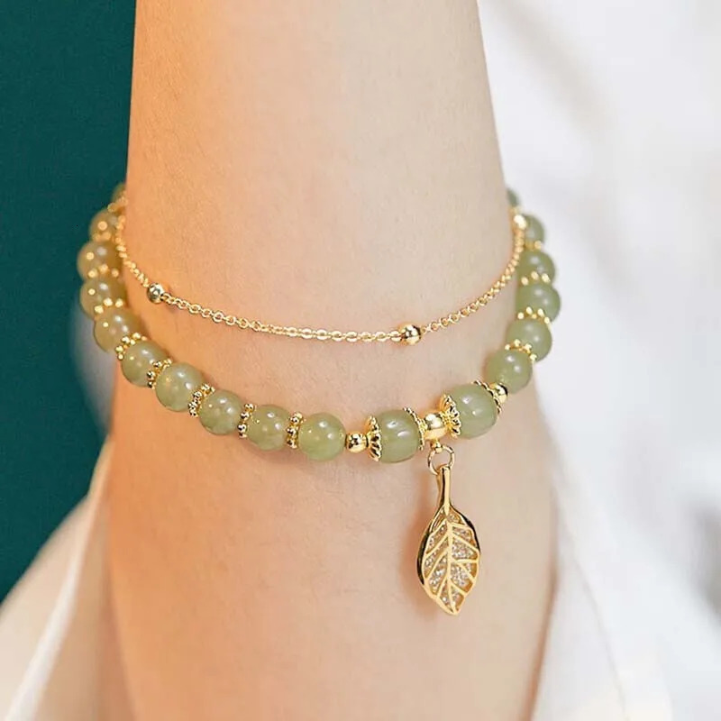 Chinese Style Green Hetian Jade Bracelet For Women Vintage Gold Color Leaves Double Layer Beaded Jewelry Gifts 250729