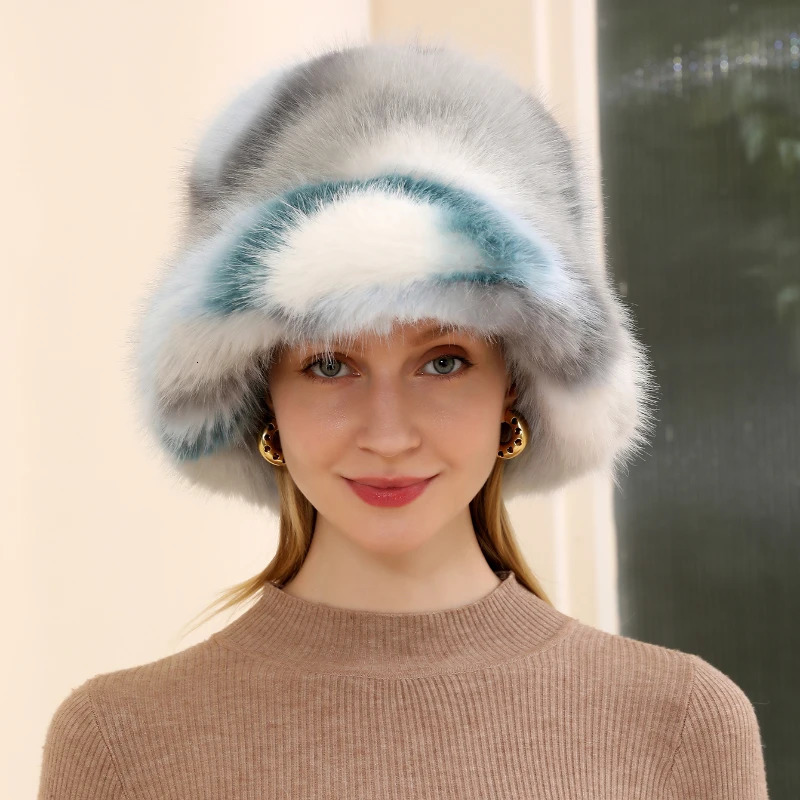 Fluffy Faux Fur Bucket Hat Women Fur Warm Rabbit Fur Cap Russian Women Panama Fisherman Hat Wholesale 250724