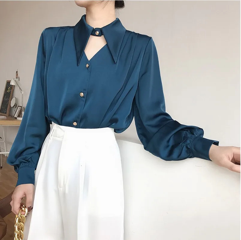 Womens Satin Shirt Spring Autumn Korean Temperament Longsleeved Buttondown Shirts Office Lady Work Wear Female Blouses Top 250724