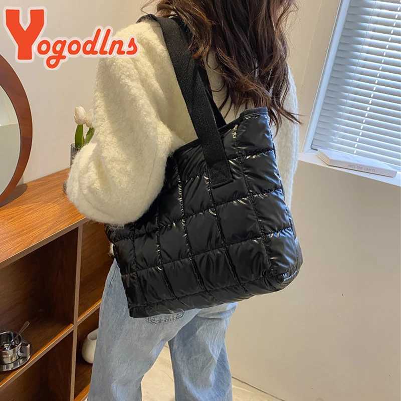Yogodlns Winter Lozenge Tote Bag Space Cott Handbag Large Capacity Shoulder Bag Warm Down Handbag Casual Portable Handle Bag Y250730