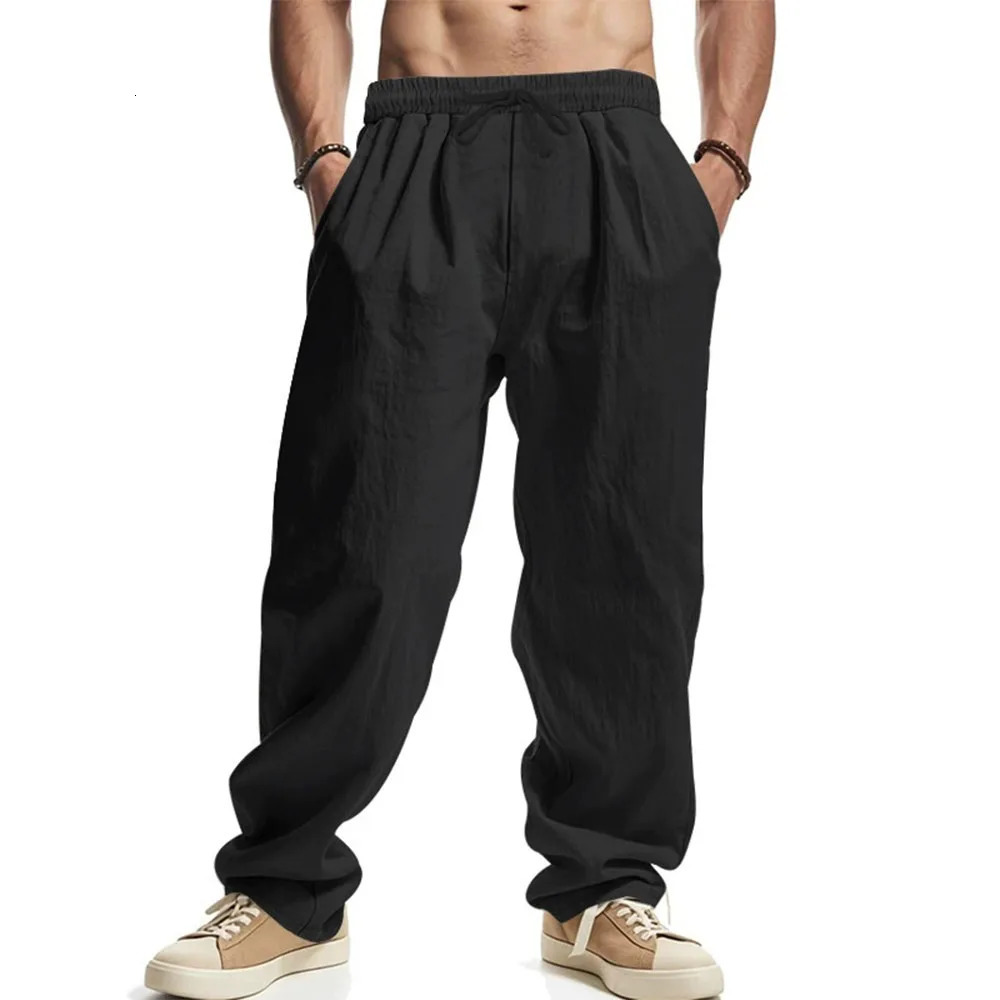 Mens Straight Leg Pants Cotton Linen Breathable Lightweight Beach Hawaiian Style Trousers Casual Sweatpants 250729