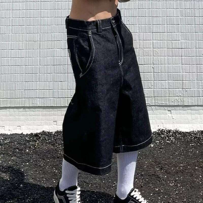 Retro Embroidered Denim Trousers Men's Straight Niche Design Draped High Street Loose Wide-leg Shorts Baggy Short for Man Jort