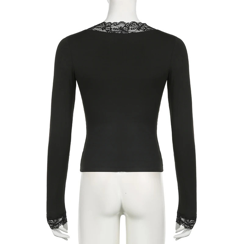 90s Vintage Womens Clothing Autumn Spring Top Black VNeck Lace Trim Patchwork TShirt Casual Solid Long Sleeve Tees 250729