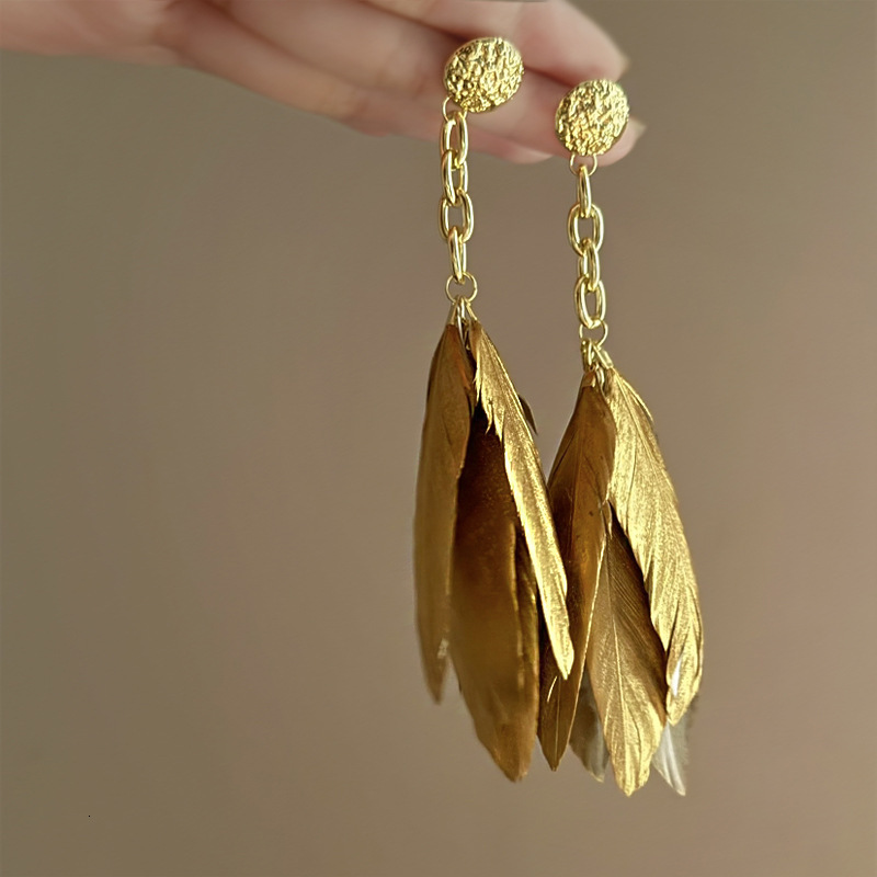 Sier Needle Gold Feather Tassel French Niche Exotic Ethnic New Chinese Style Earrings