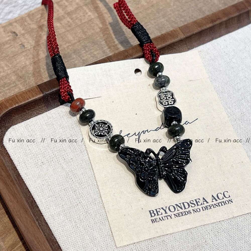 New Chinese Style Beaded Butterfly Necklace for Women, Niche High-end Feel, Double Happiness Drawstring Collarbone Chain, Light Cute Jewelry 855