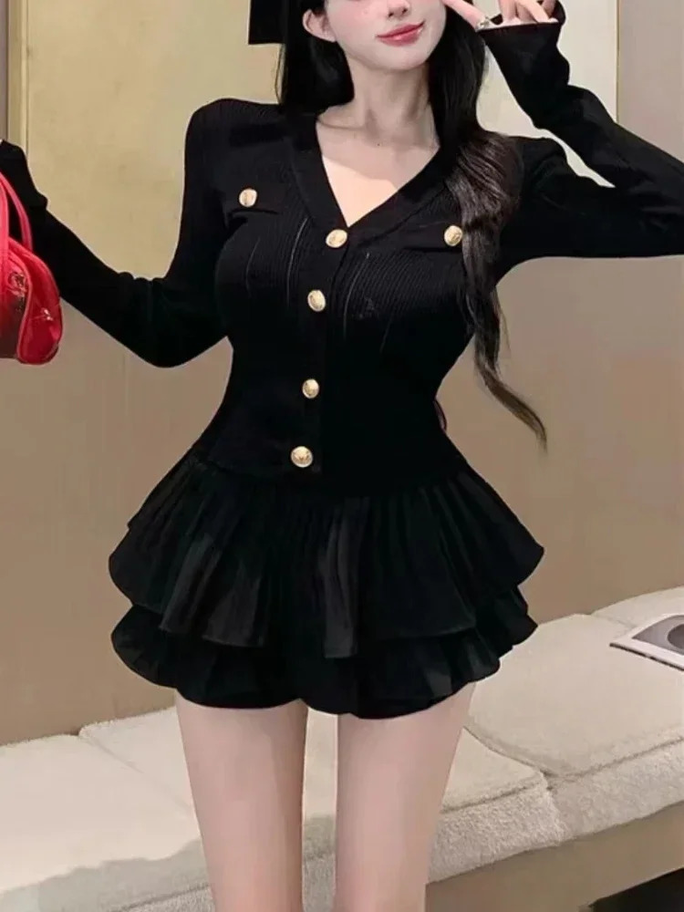 Korean Fashion Knitted Suit Black Slim 2 Piece Skirt Set Casual Elegant Sweater Women Outerwear Y2k Mini Skirt 250729
