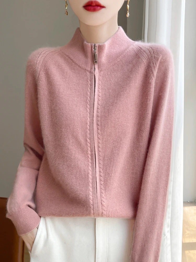 100% Pure Wool Zipper Cardigan Womens SemiTurtleneck Knit Coat Fashion Loose Double Sweater Autumn Winter Female Jacket 250730