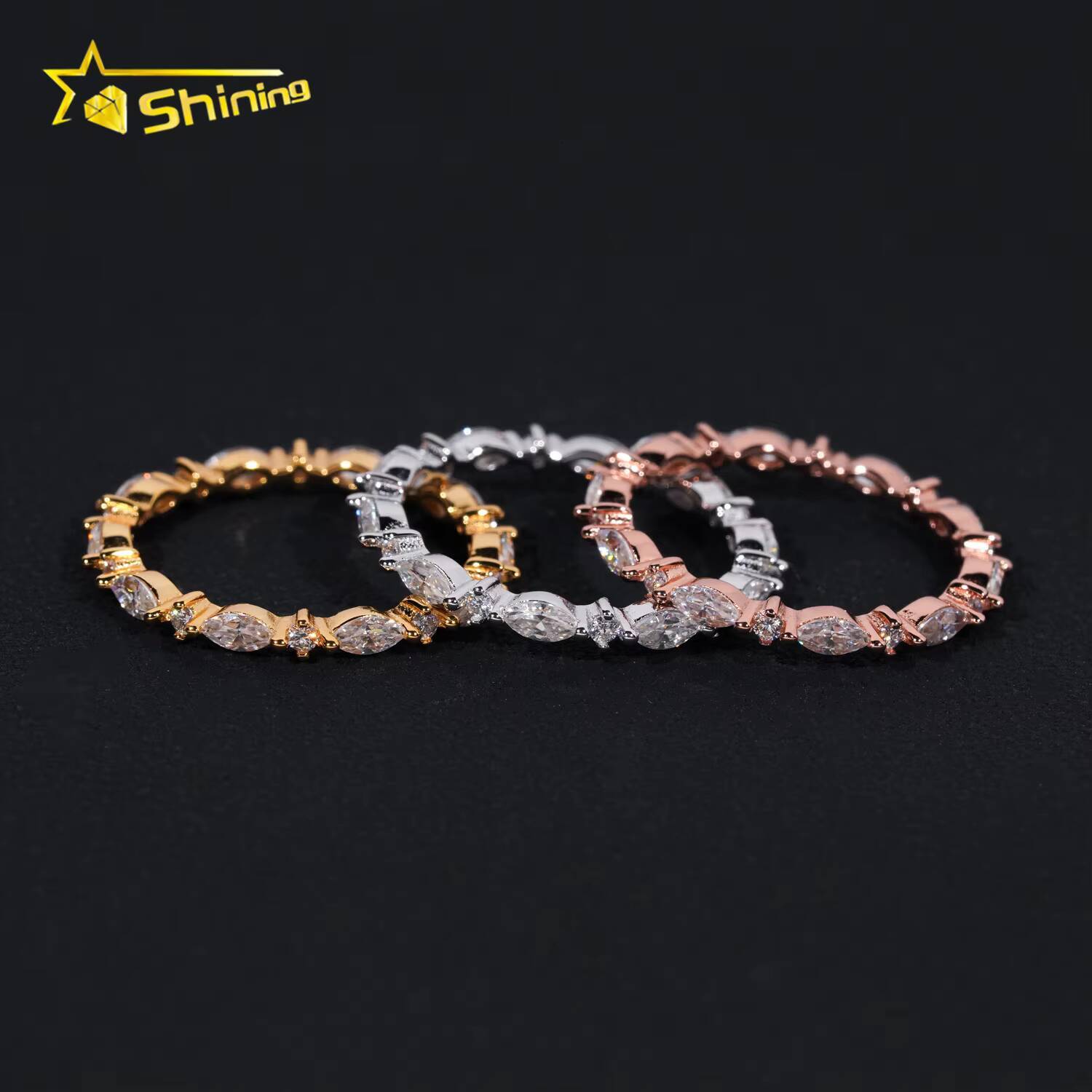 Simple Designs Marquise Cut Bezel Band VVS Moissanite Engagement Ring Gold Plated 18K 925 Sterling Silver Wedding Rings