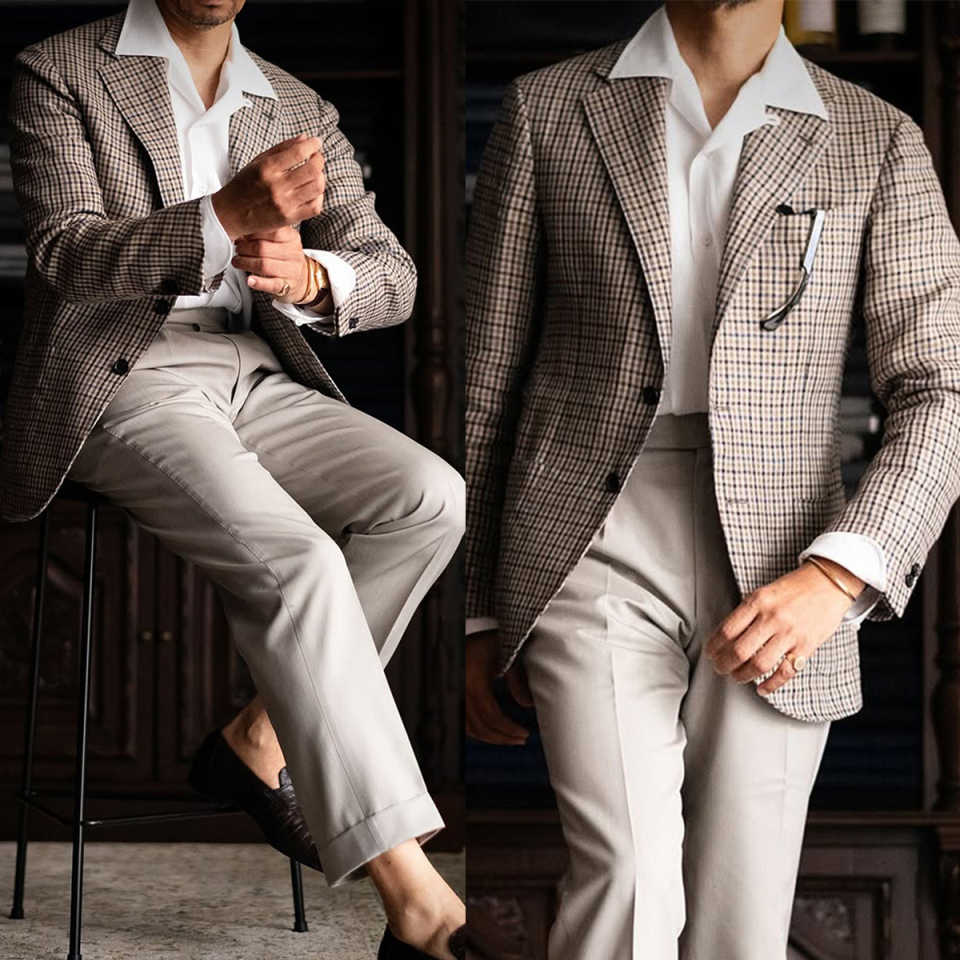 New Plaid Men Suits Single Breasted Groom Tuxedos 2 Pcs Jacket Pants Business Casual Formal Wear Party Prom Customized