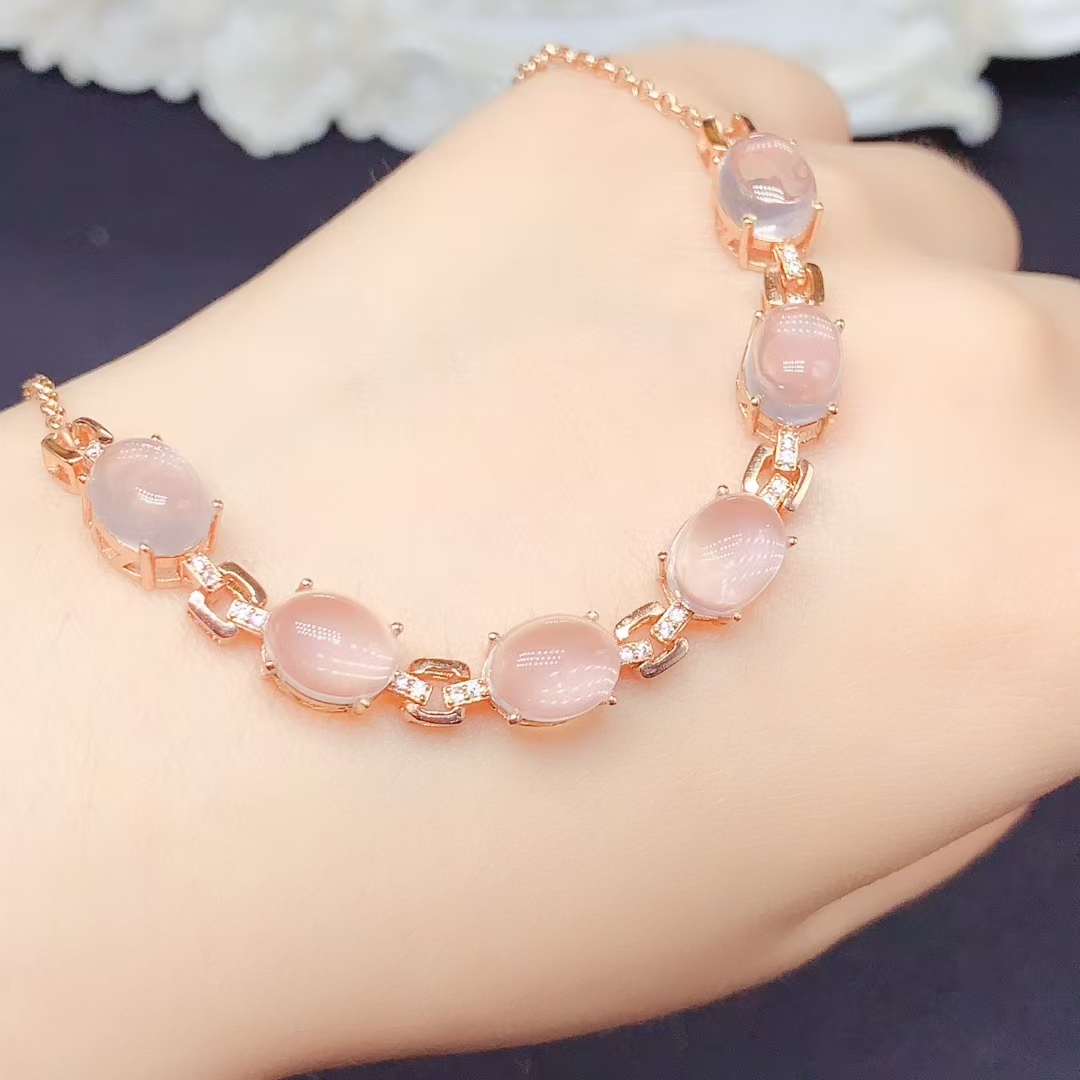 Natural Rose Quartz Bracelet for Party 7mm*9mm Total 12ct Rose Quartz Silver Bracelet with 18K Gold Plated 925 silver Gemstone Jewelry