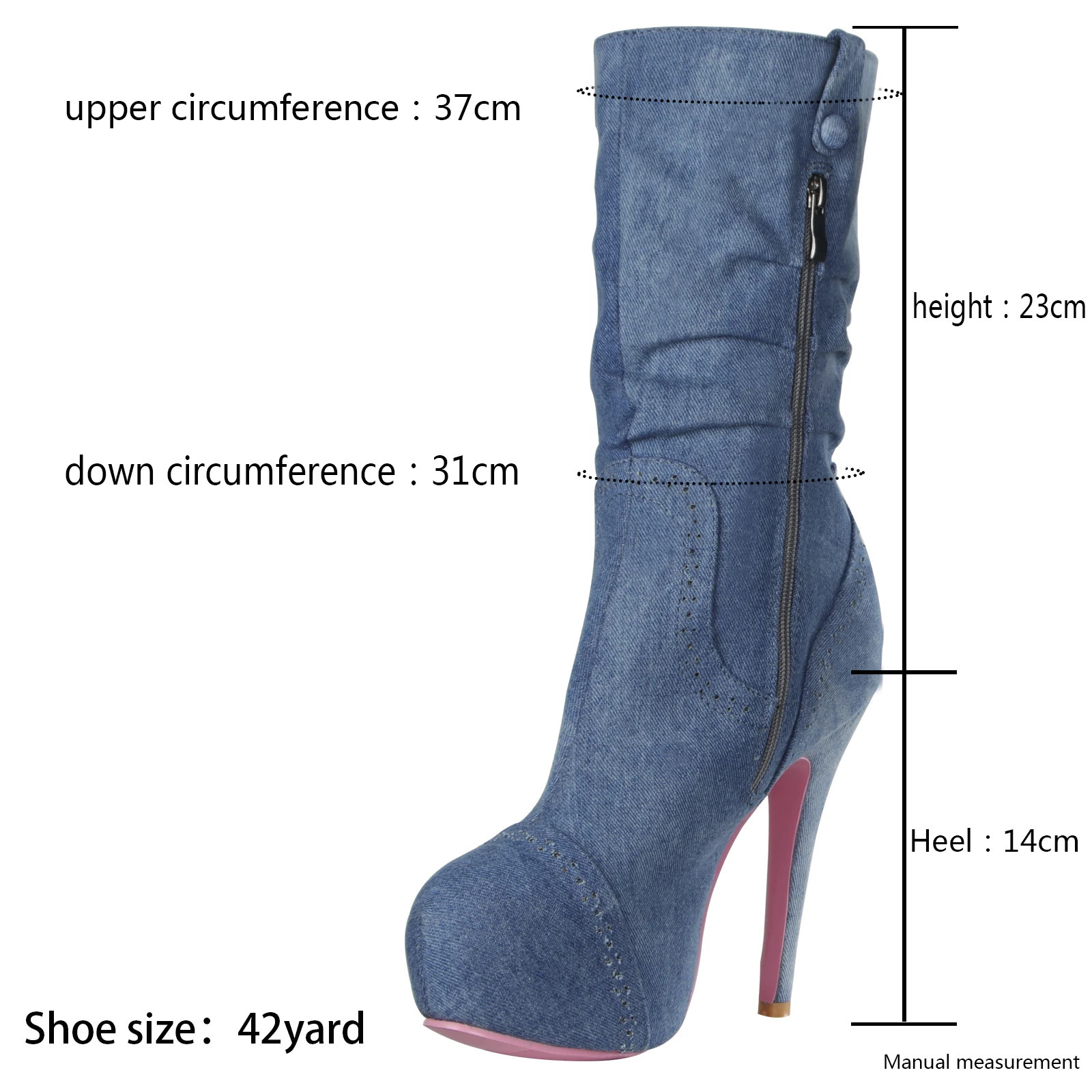 Vrouwen Platform Laarzen Mode Denim Dunne Hoge Hak Dames Mid Kuit Laarzen Met Zip Meisjes Schoenen 250729