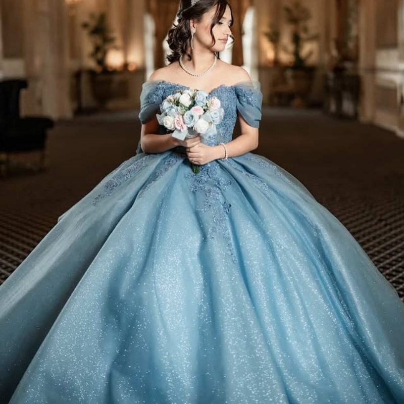 Blue Quinceanera Dresses Off The Shoulder Applique Lace Beads Bow Tull Ball Gown Vestidos De 15 Anos Sweet 16 Dress
