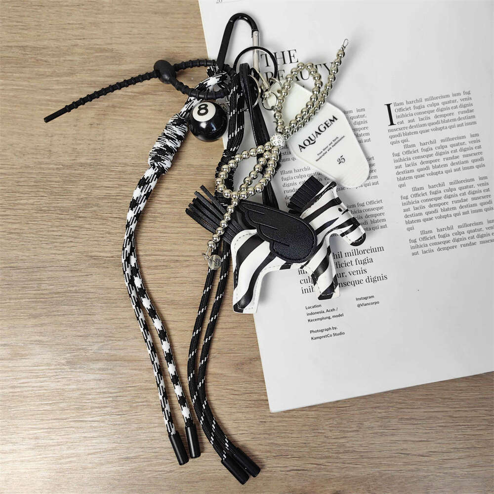 Black and White Zebra PU Leather Little Pegasus Silver Pearl Bow Keychain Unisex Bag Pendant