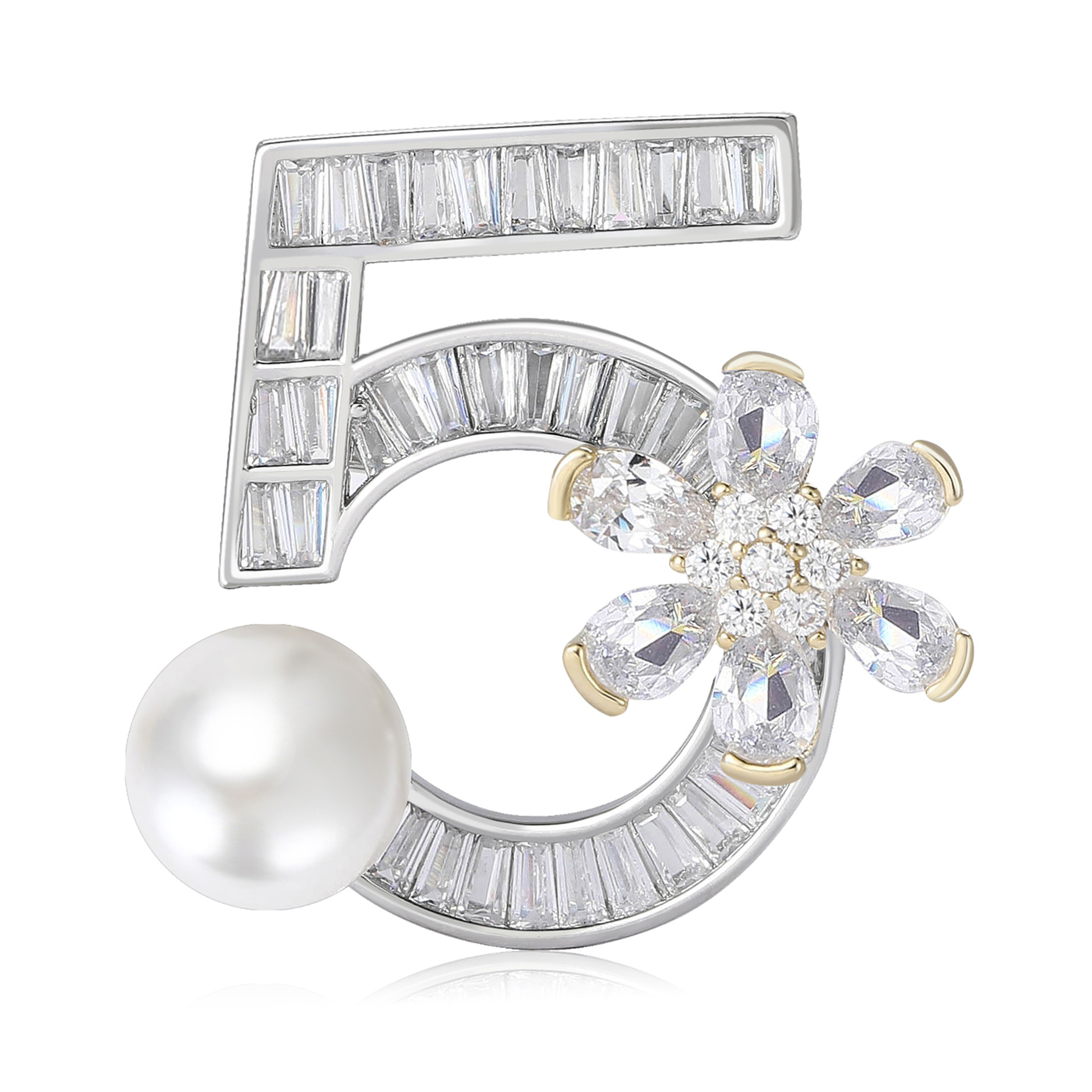 Silver Tone Rhinestone - Encrusted Number 5 Brooch With Pearl And Flower Accents Elegant Daily Jewelry And Gift For Her High Quality And Stylish Jewel
