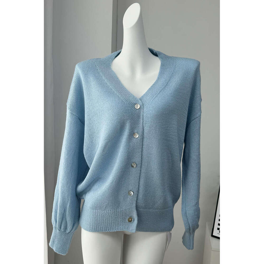 Autumn New Soft Mohair V-Neck Hollow Cardigan For Women, Elegant Lazy Style With Shell Buttons And Lantern Sleeves Sweater Coat B5