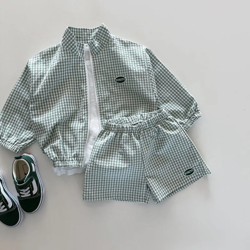 Kids Girls Clothes Sets Summer Korean Short Sleeve Zipper Plaid JacketsShorts Suits Baby Boys Sunscreen Clothing Sets 250729