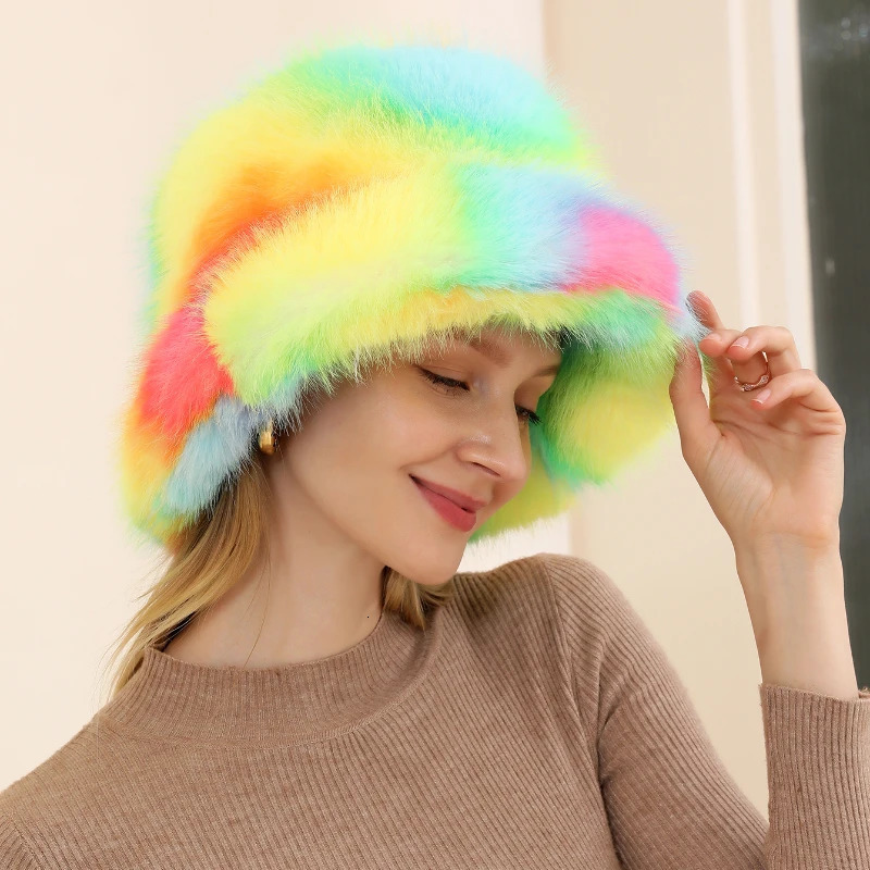 Fluffy Faux Fur Bucket Hat Women Fur Warm Rabbit Fur Cap Russian Women Panama Fisherman Hat Wholesale 250724