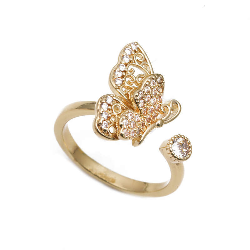 Minimalist Copper Gold-Plated Micro-Inlaid Zircon Korean and Japanese Style Butterfly Open Ring
