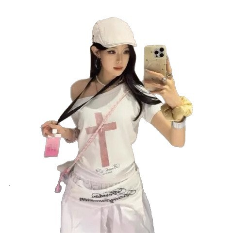 2025 American off shoulder T-shirt summer new print short sleeved off shoulder design loose fit multifunctional top new designer T-shirt