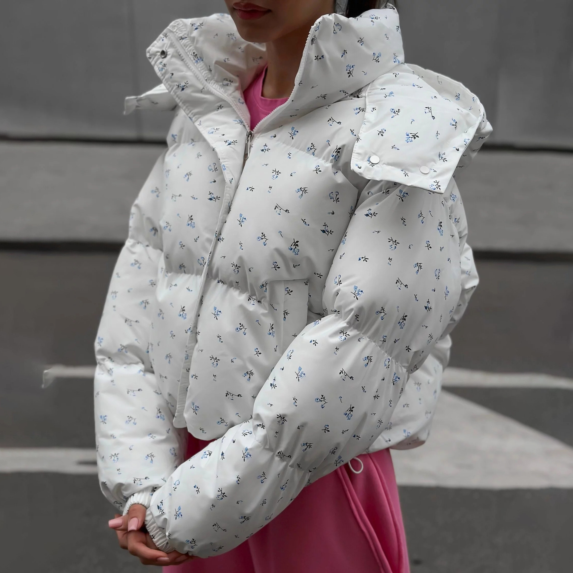 Floral Design Drawstring Hooded Detachable Cotton Jacket High-end Fashion Versatile Coat for Women