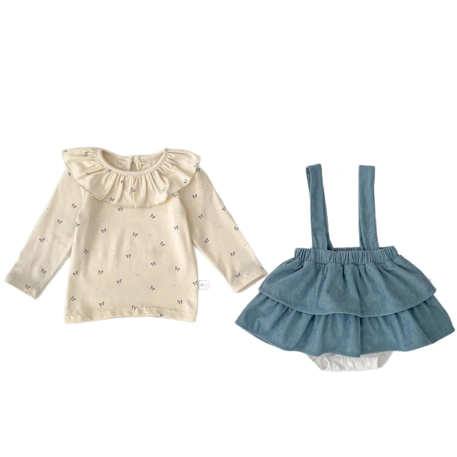 Baby Autumn Set Sweet Bow Long Sleeve Lace Collar Bottom Shirt Strap Skirt Pants Two Piece Set 250729