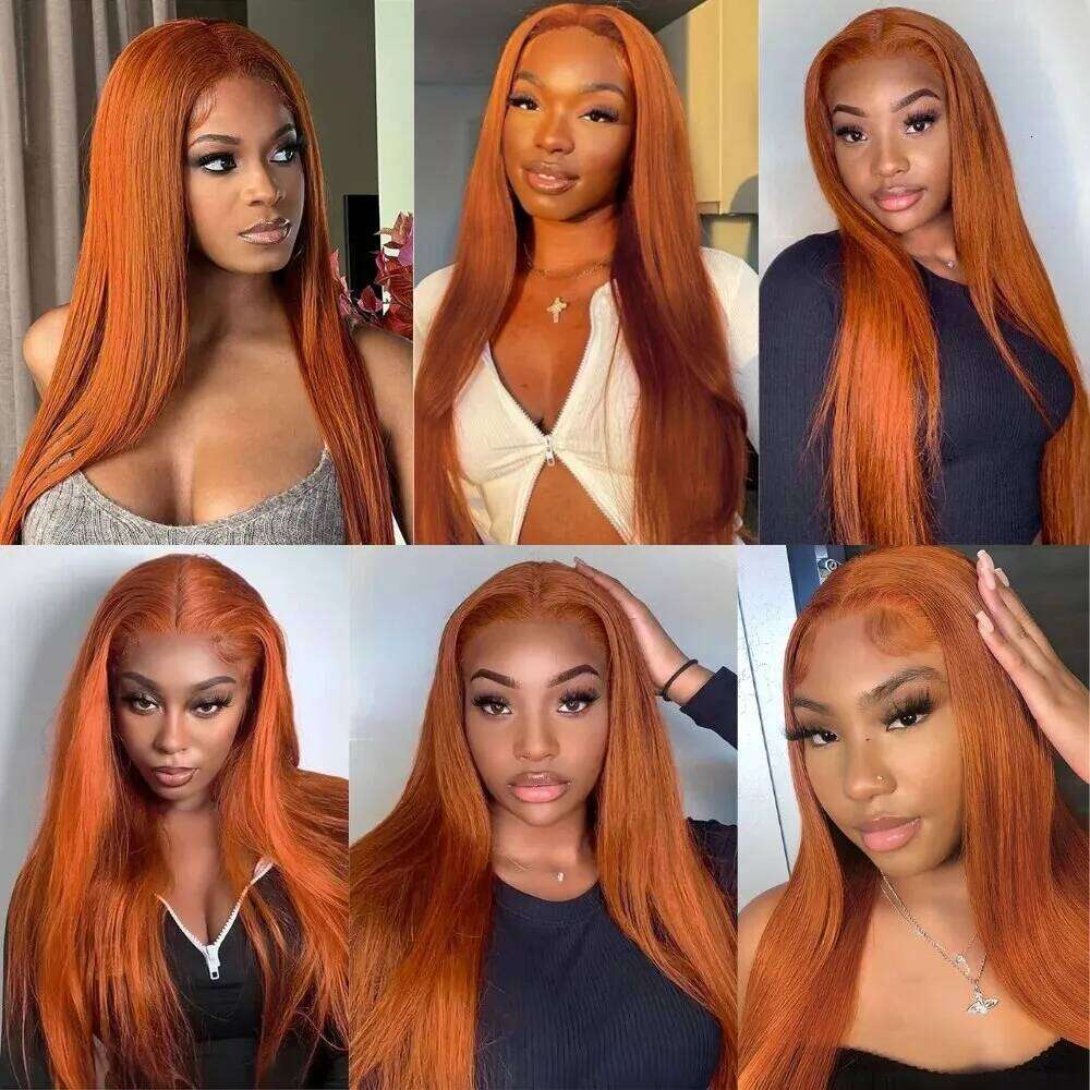 Ginger Orange Color Long Straight 13*4 Copper Red Human Hair Glueless Pre Plucked Synthetic Lace Front Wigs