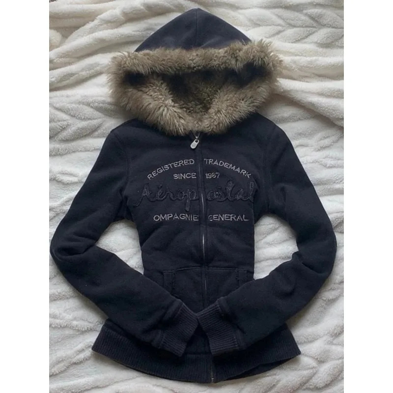 Harajuku letter y high quality plush fabric slim long sleeve hoodies for women Y2K winter warm fashion sweatshirts 250730