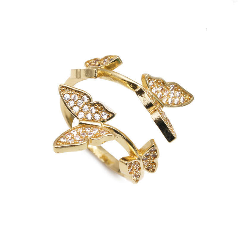 Minimalist Copper Gold-Plated Micro-Inlaid Zircon Korean and Japanese Style Butterfly Open Ring