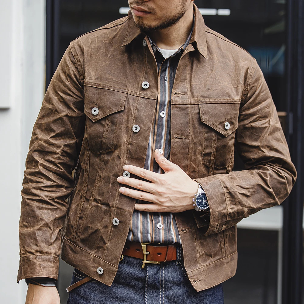 Maden Amekaji Retro Male Oil Waxed Jacket Canvas Cotton Khaki Military Uniform Light Casual Work Safari Style Coats Man Clothing 250730
