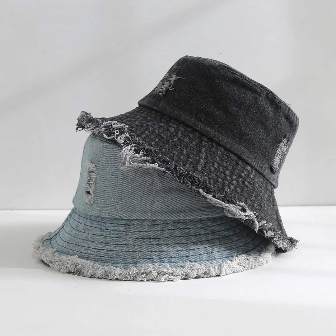 Fashion Sunscreen Hat Solid Color Fur Denim Fisherman Hat Denim Style Men Women Bucket Hat Fringed Edge Summer Vintage Bob Hat 250724