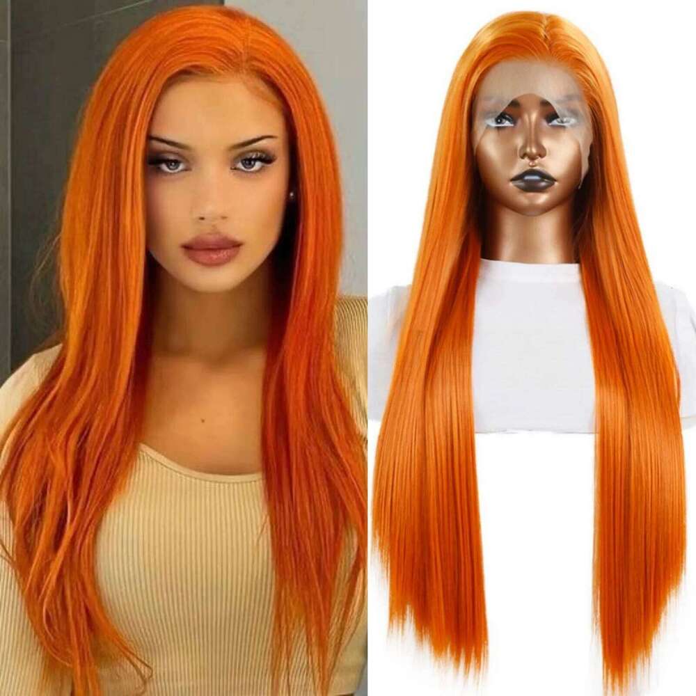 Orange Long Straight Synthetic Front Wig Glueless For Women Party Cosplay Bright Ginger Hair Lace Frontal Wigs