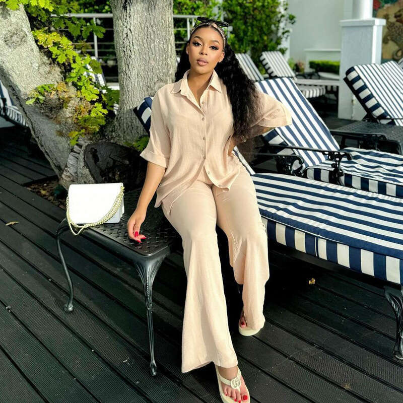 Fashion Casual Loose Short Sleeve Shirt Cardigan Long Pants Set Women's Two-Piece Outfit B5