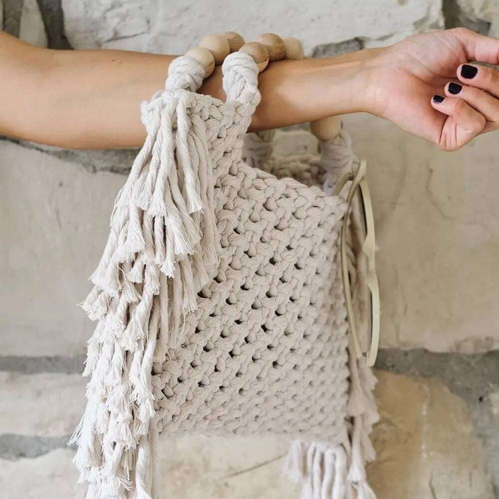 Female Tote Bags Large Capacity Designer Handbag For Women 2024 Knitting Tassel Beading Decorate Purse Ladies Beach Bag