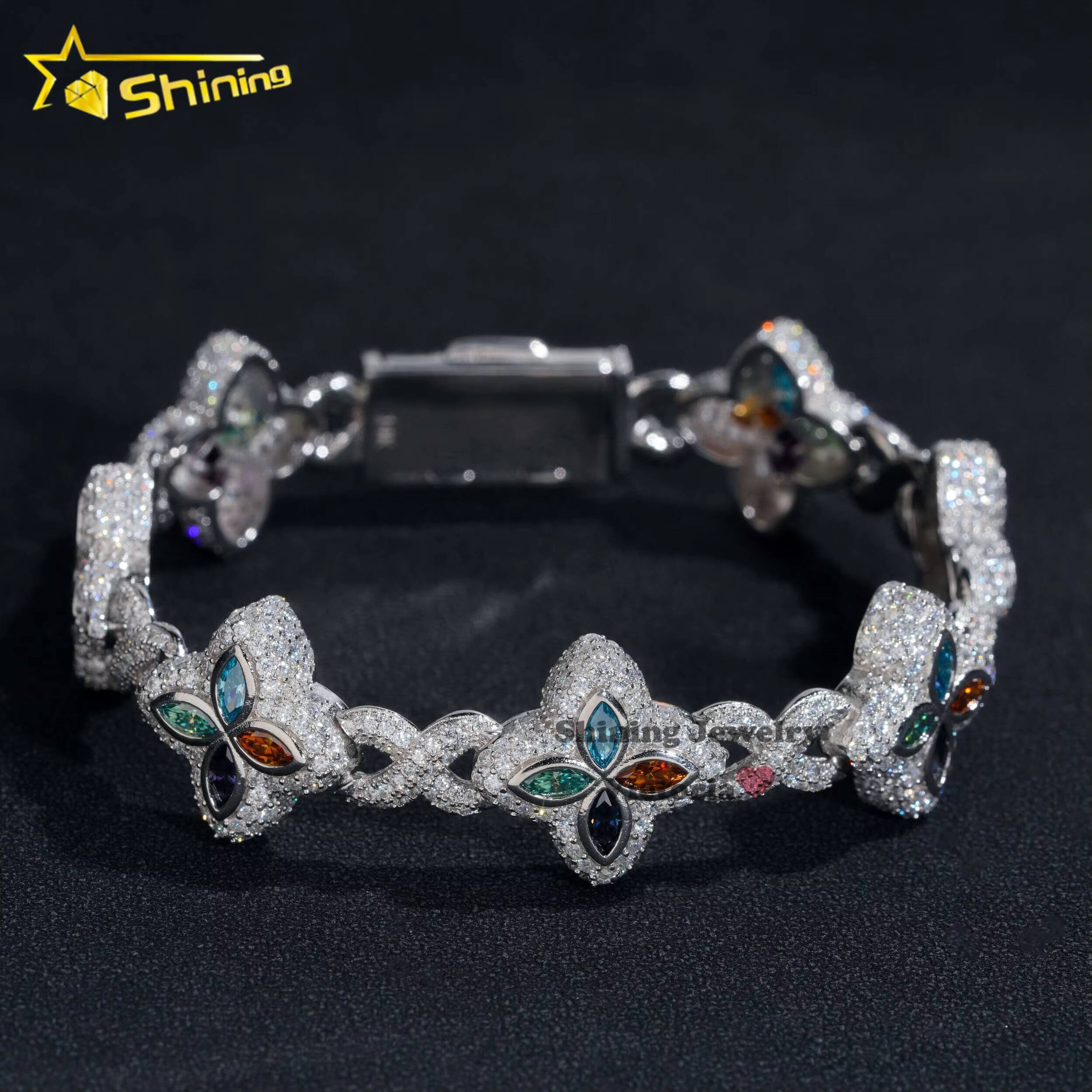 New Arrival Trendy Rapper Jewelry Iced Out 925 Silver Plated Moissanite Clover 18MM Infinity Link Cuban Bracelet Men