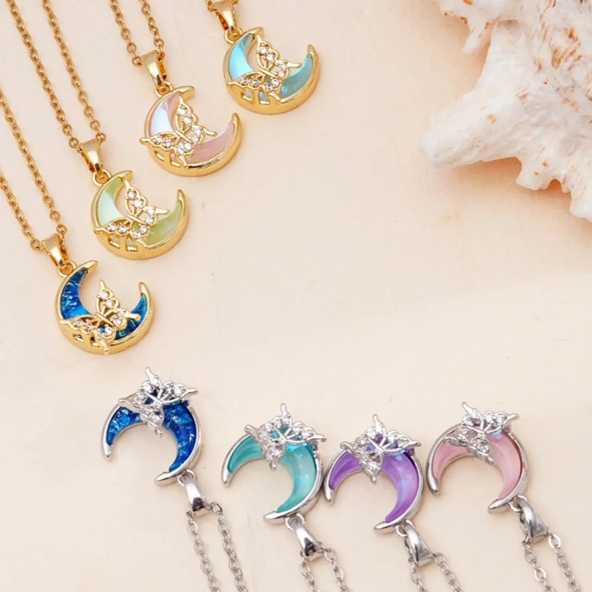 Stainless Steel Chain Romantic Colorful Resin Moon Zircon Butterfly Pendant Necklaces for Women Girls Trendy Accessories Gifts 250729