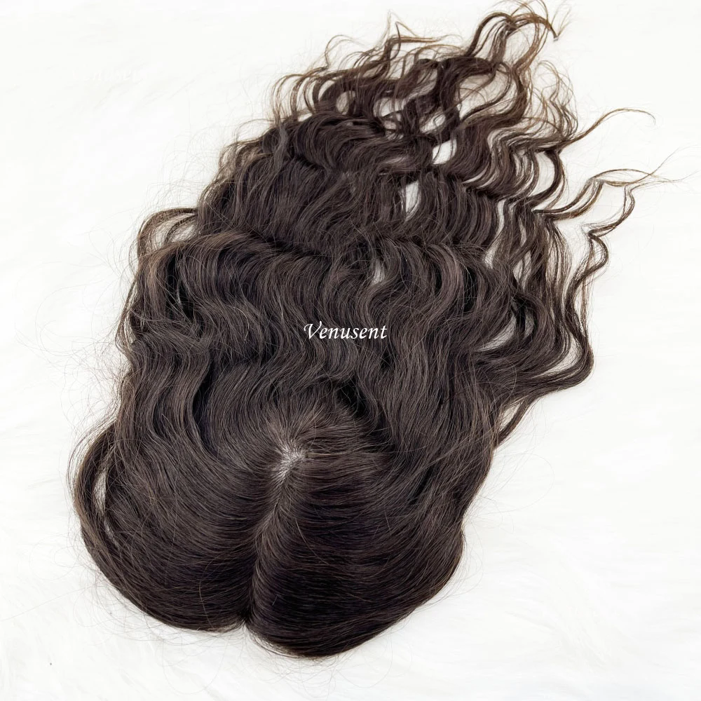 Dark Brown Silk Base Human Hair Topper with Clips in Virgin European Hair Natural Wave Silk Top Women Toupee for Thinning Hair
