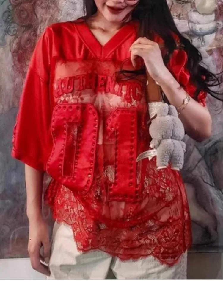 Letter Print TShirts Top Women 2025 Spring Summer VNeck See Through Backless Loose Short Sleeve Y2K Sexy Trend Streetwear Tops 250724