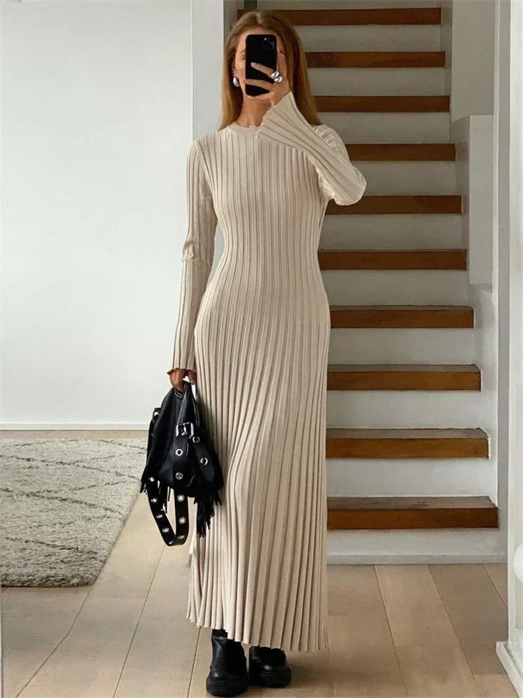 Tossy Lace-Up Female Knit Maxi Dress Autumn High Waist Fashion Patchwork Long Sleeve Loose Solid Dress Bandage Knitwear Dress 250730