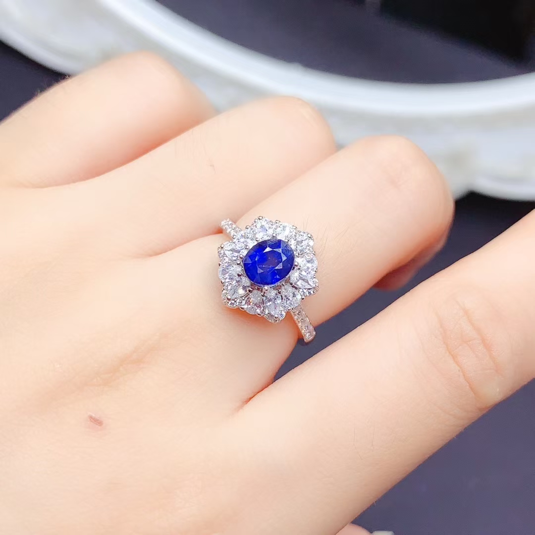 Royal blue genuine natural sapphire ring for wedding 5mm*6mm natural sapphire 925 silver ring with 18K gold plating