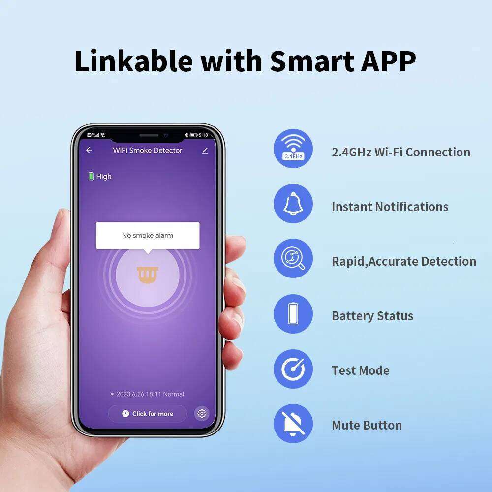 Wireless Interlinked Smoke Alarm Detector Sealed 10-Year Li-Battery, WiFi Alarm with Tuya APP Control, CE En 14604, V-Come, VS03F