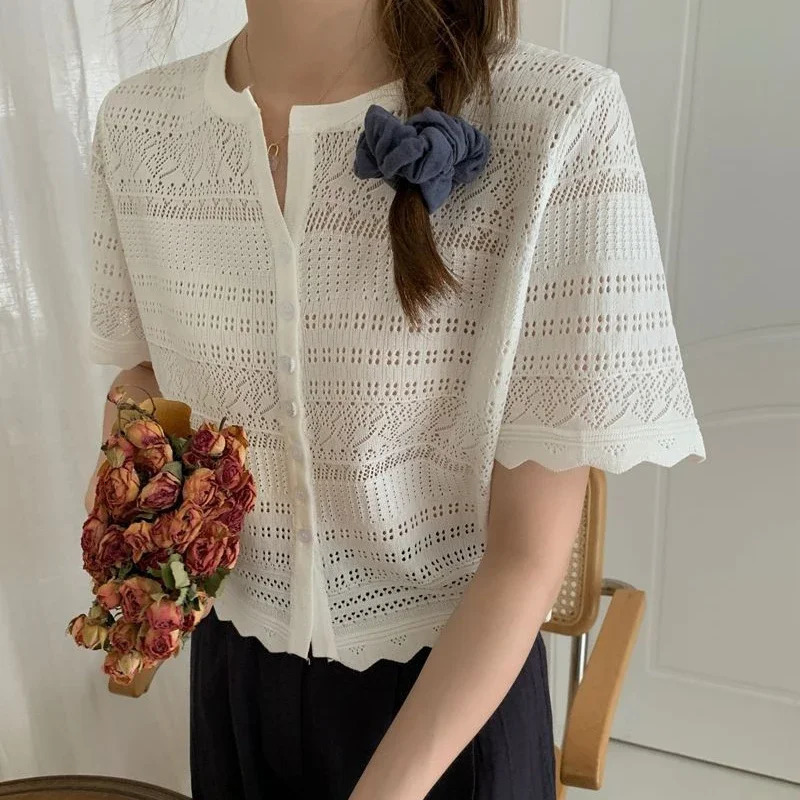 Chic Knitted Hollow Out Tshirts Women 2025 Summer Button Up Short Sleeve Crop Tee Woman All Match Round Neck T Shirt Female 250724