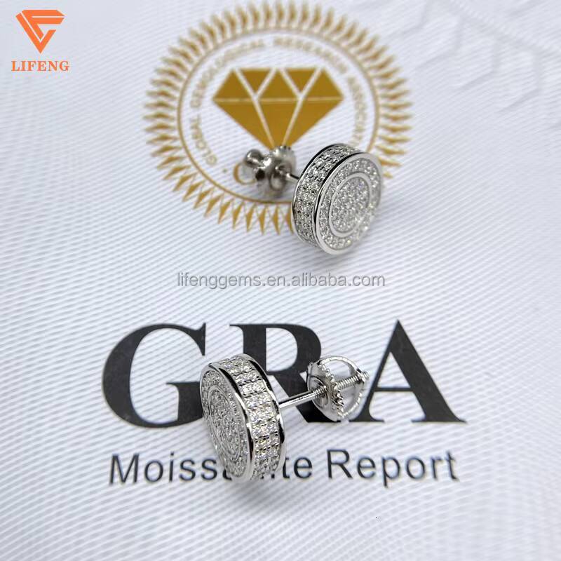 Luxury White Gold Plated VVS GRA Brilliant Cut Hip-hop Style Iced Moissanite Diamond Stud Earrings for Men